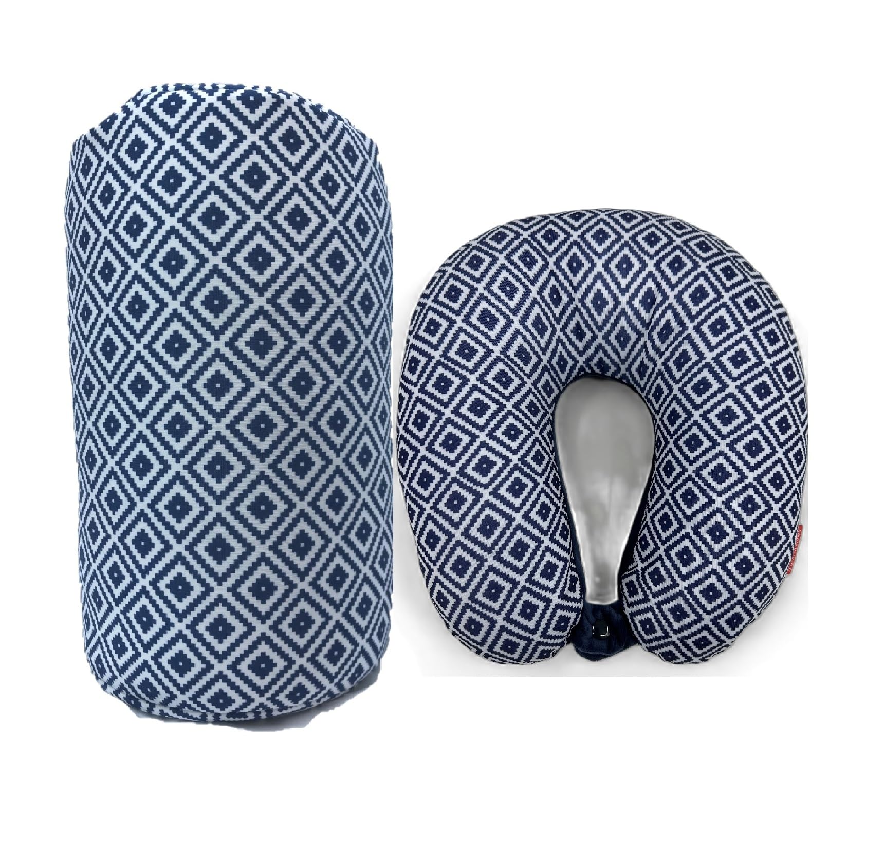 Bookishbunny 2pcs Micro Bead Set U Shaped Neck Travel Pillow 12" x 12" x 4" and Roll Back Pillow Cushion 13" x 7", Various Designs (DiamondNavy)