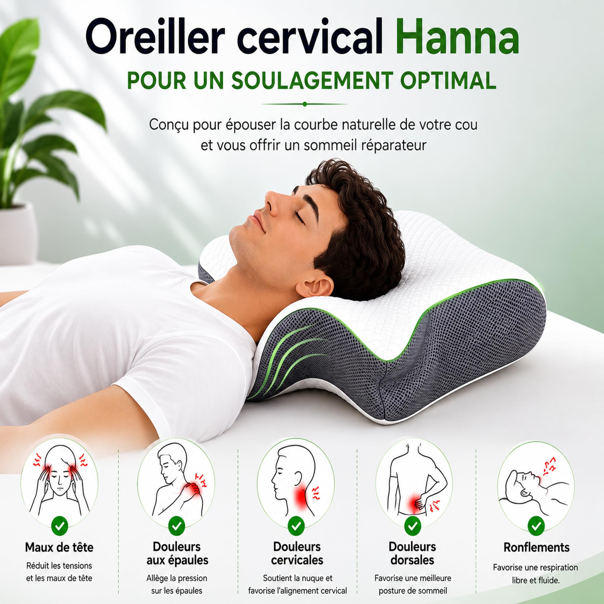 ByDar Oreiller Hanna 2 en 1 - Cervical Ergonomique, Mousse Mémoire de Forme, Orthopédique, Soutien Cou et Nuque, 2 Housses Lavables, pour Dormir Dos, Côté et Ventre