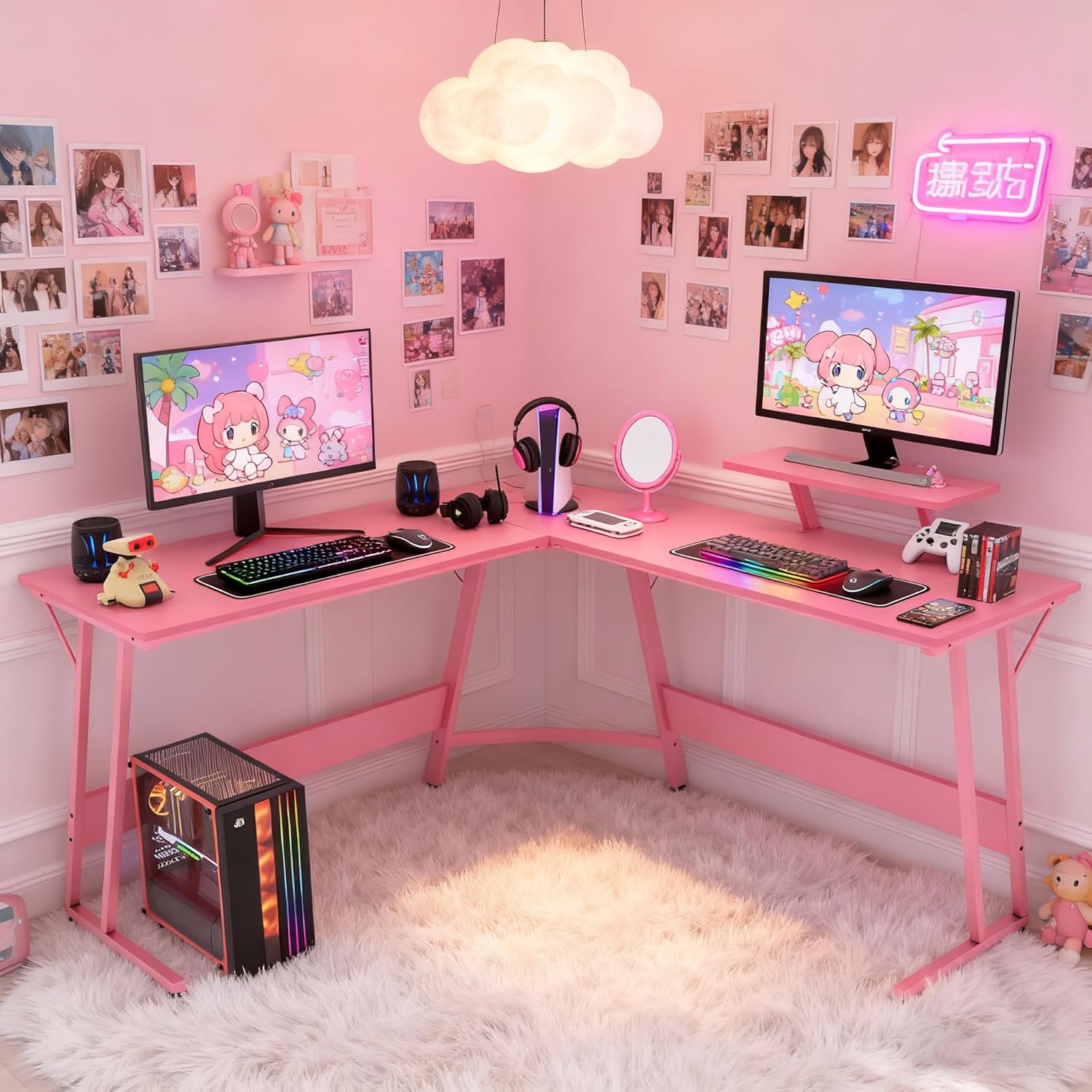 Dkelincs L Shaped Gaming Desk 51 Inch Computer Corner Desk Home Office Desks PC Gaming Table with Monitor Riser Stand for Home Office Writing Workstation, Pink