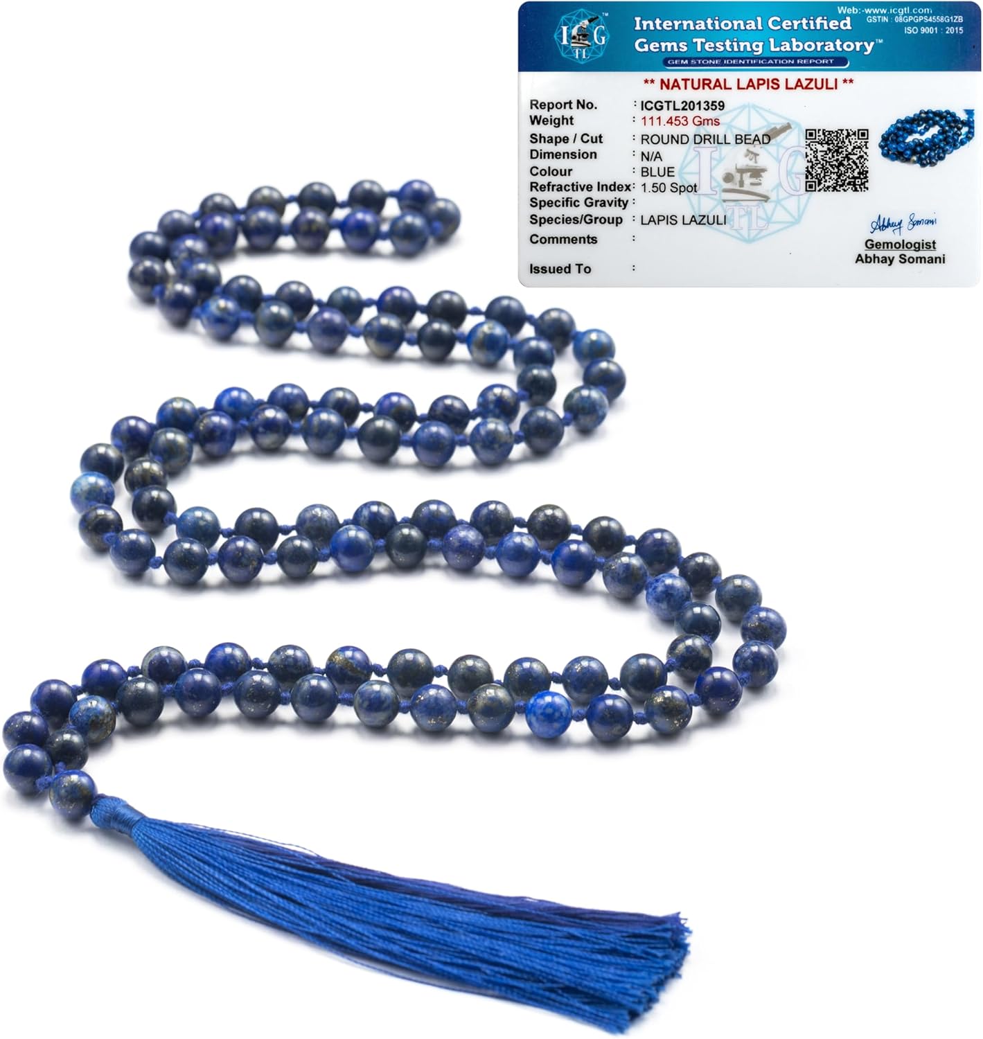 8mm Lapis Lazuli Mala – 108 Bead Meditation & Prayer Necklace, Natural Gemstone Healing Beads with Lab Certified Authenticity
