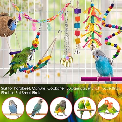 Miniatura 7 de KATUMO Juguetes para pájaros, loro oscilante, escalera, perca, madera, perca, pájaros, masticar, cacatúas, campanas colgantes, juguetes para