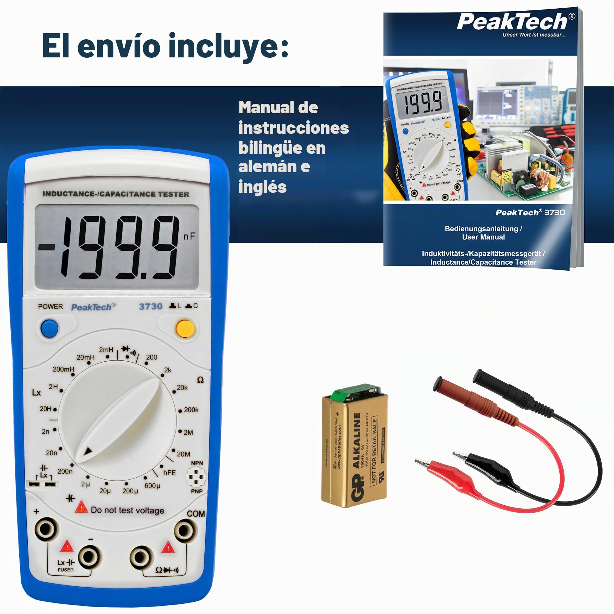 PeakTech, P3730, Multímetro digital LCR Meter, Multímetro digital hasta máx. 200 µF / 20 H / 20Mohm, Medidor de corriente para medición de inductancia, capacitancia y resistencia, CAT II