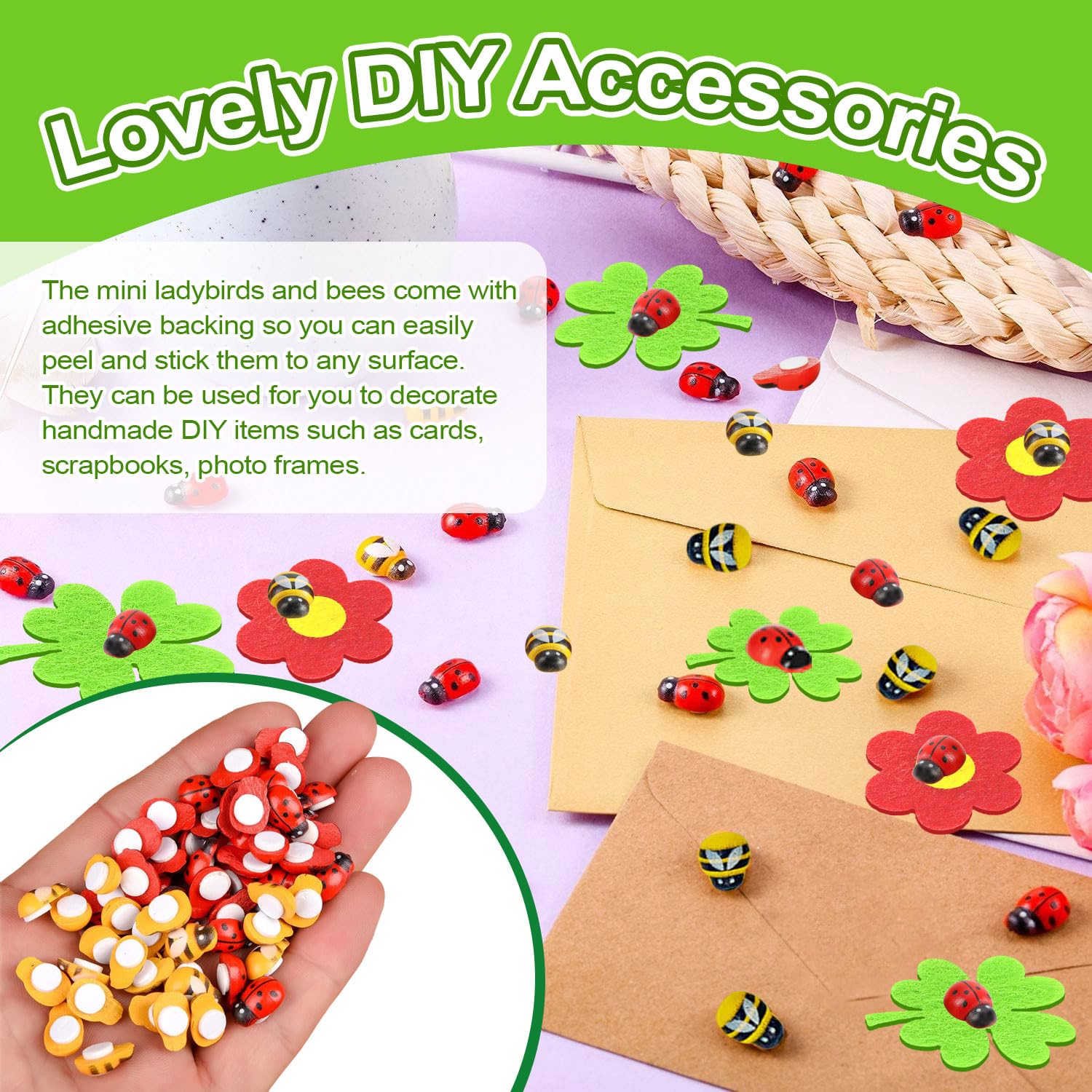 200 Piezas 18 x 25 mm Decorativas Mariquitas de Madera 9 x 13 mm Mini Abejas Abejita Chiquitita Autoadhesivas Abeja de Madera Trébol de Cuatro Hojas Fieltro Flores para DIY Manualidades Fiesta Deco