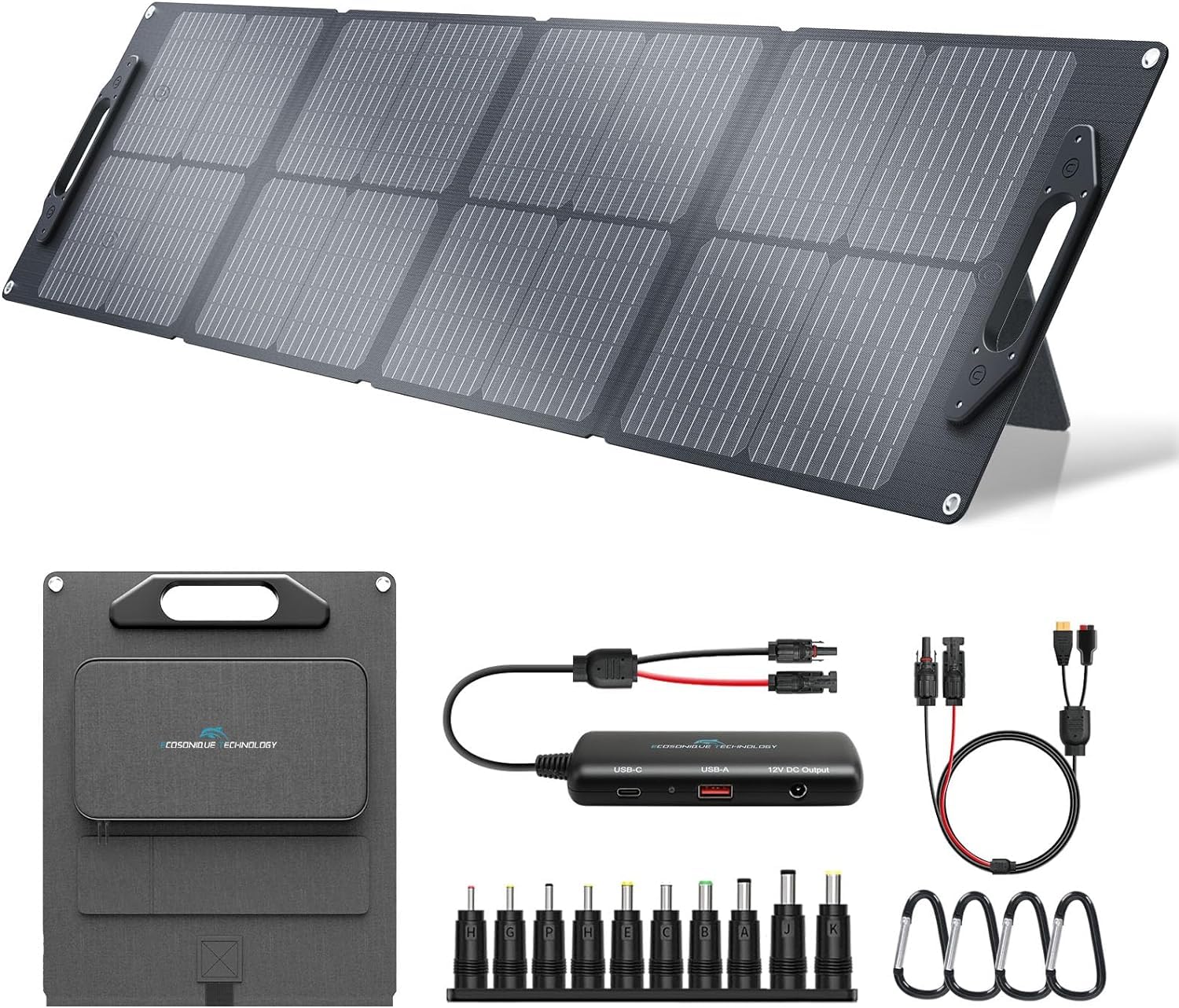 Ecosonique Technology100W Solar Panel with Detachable Power Hub, 22V MC-4/12V DC/USB-A & USB-C Solar Charger with Kickstand, ETFE & Handle Portable Solar Panels for Camping