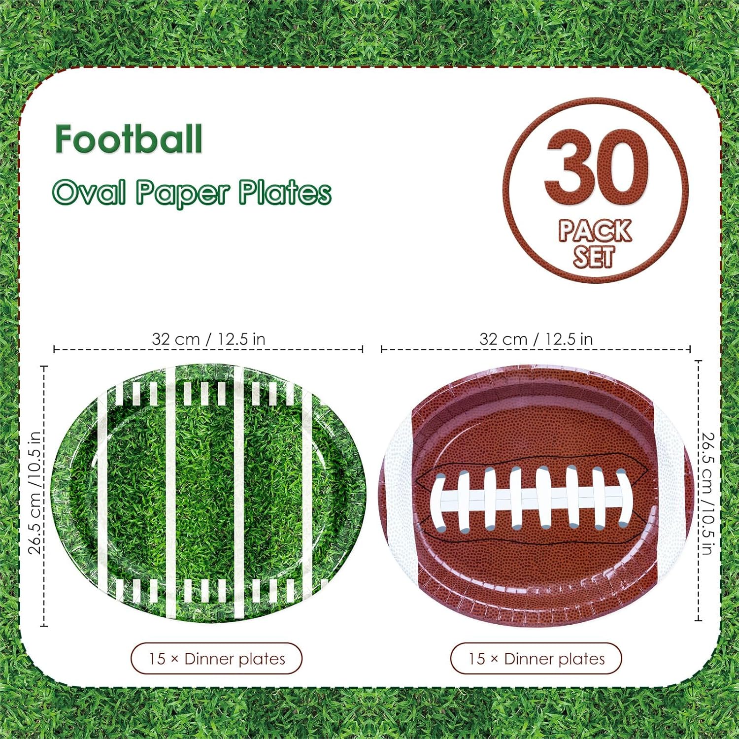 YY 12" Football Party Oval Paper Plates Set Disposable Large Buffet Plates Serve 30 - Image 2