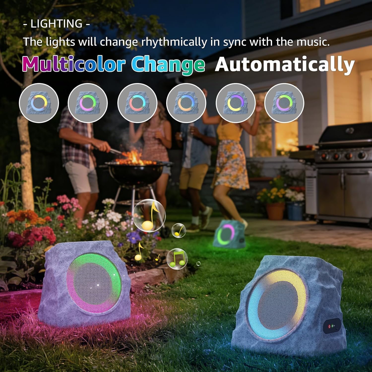MIKK 2 Pack Solar Rock Speakers Outdoor Waterproof Patio with Lights Color,Multi-Sync Up to 100 Speakers Pairing Solar Powered Rock Speaker Rechargeable for Pool Party Yard Outside