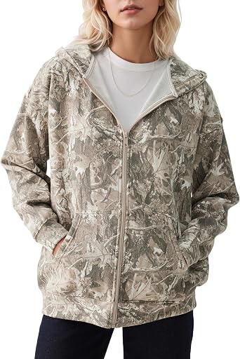 Eutten Womens Camo Zip Up Hoodie Long Sleeve Maple Leaf Print Oversized Hooded Jacket Fleece Full Zip Sweatshirt with Pockets