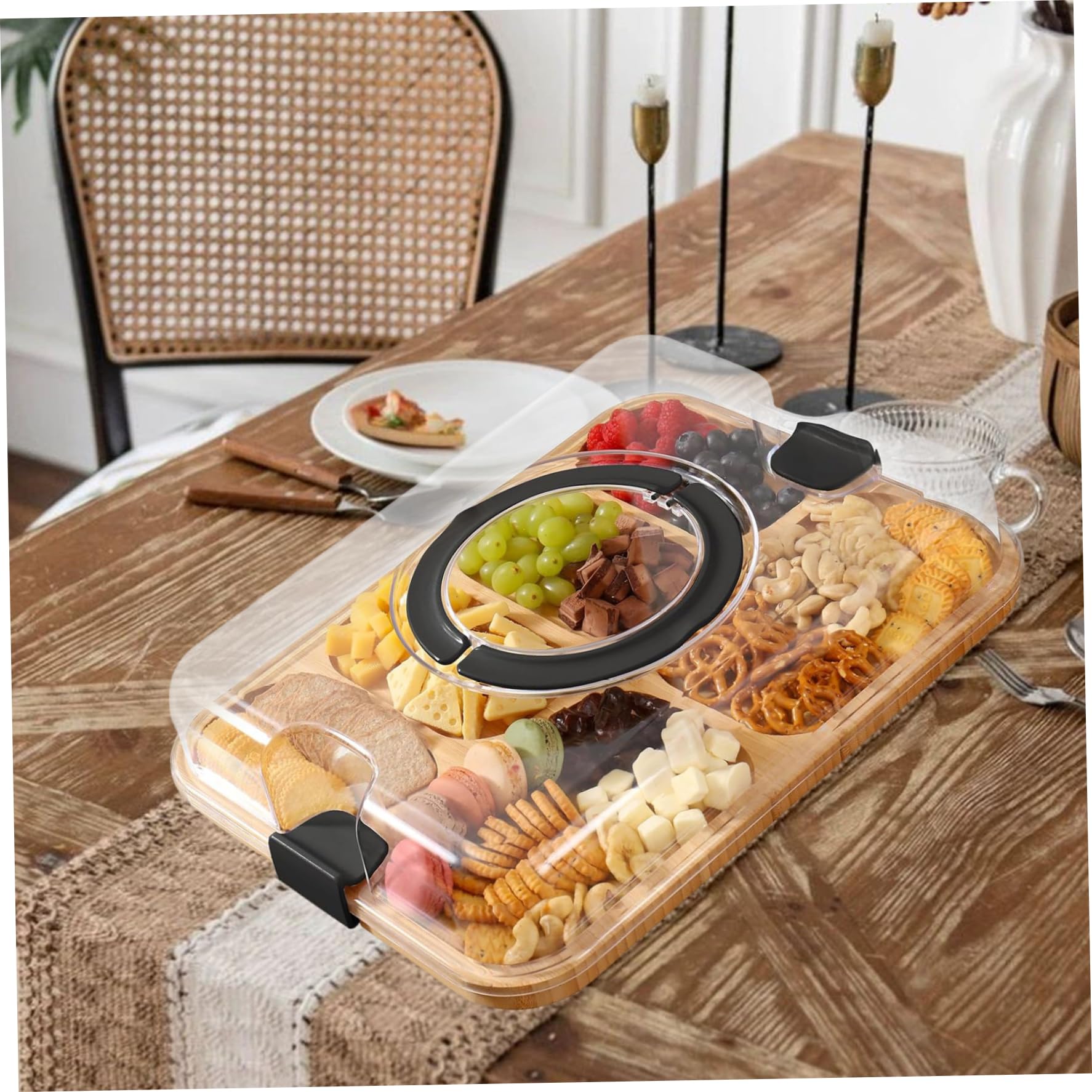 Planche à charcuterie avec couvercle Planches à charcuterie en bambou avec poignées de couvercle transparentes Plateau de service 6 compartiments pour collations cuisine, utilisation en cuisine