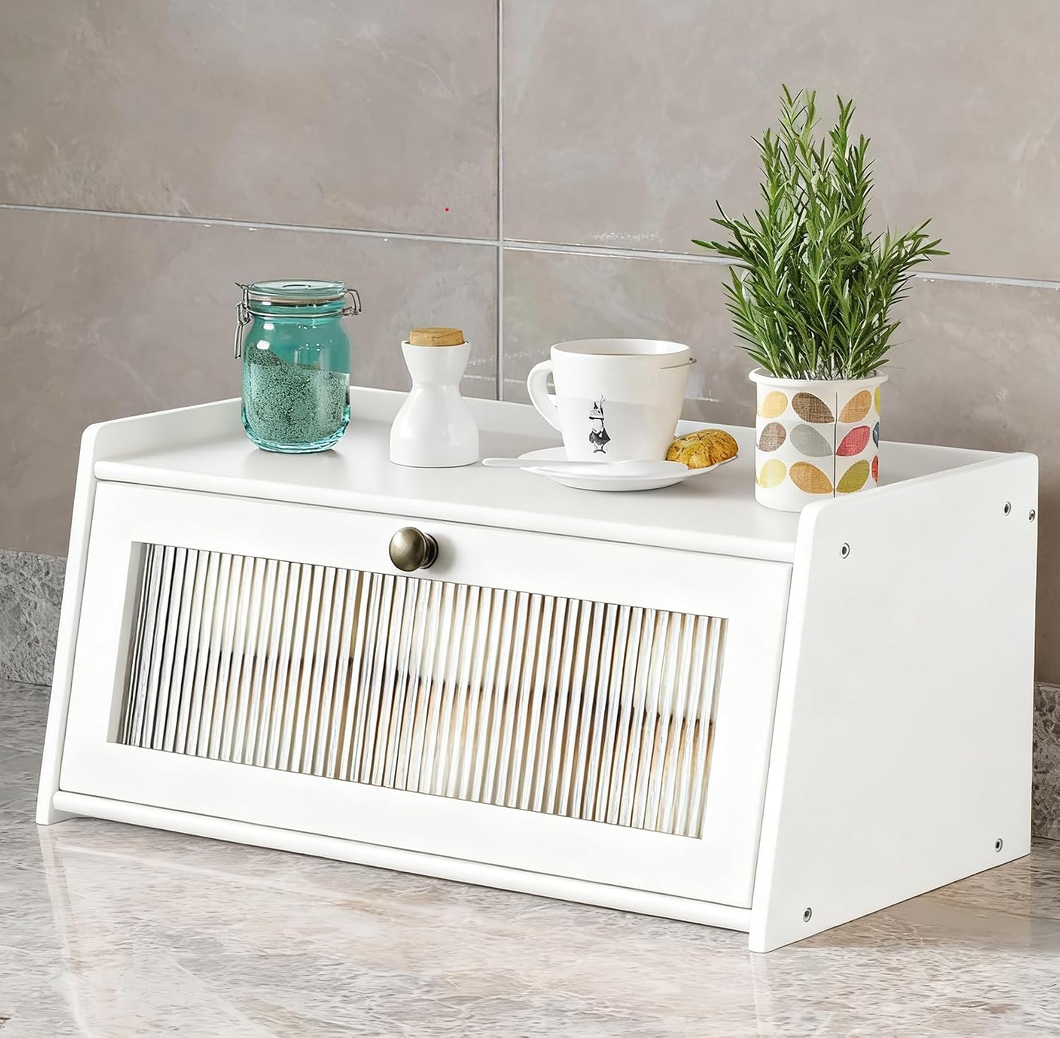 K KELBELBamboo Bread Box for Kitchen Counter, Wooden Large Capacity Bread Storage Bin with Window Bread Holder (Single Layer White)