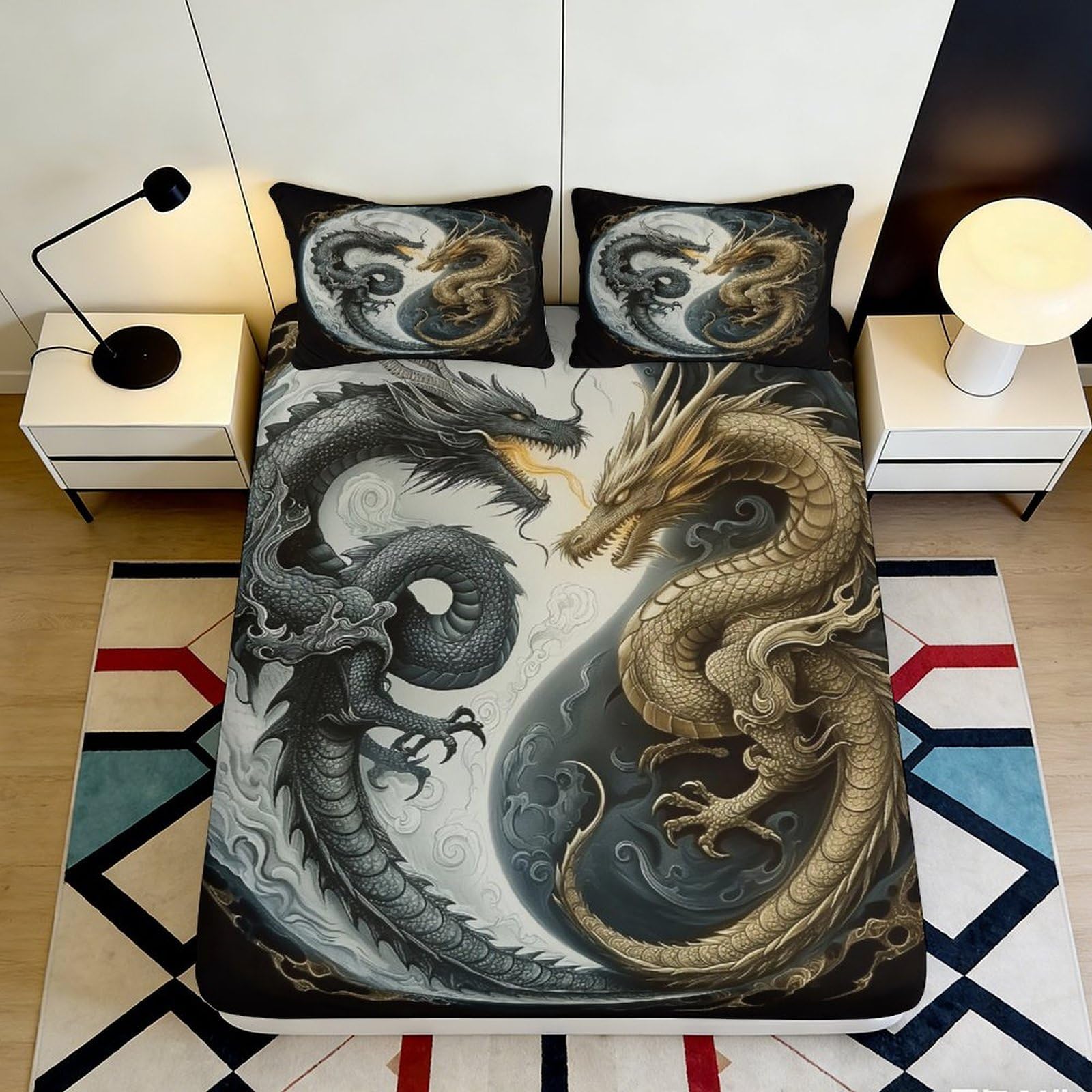 Pnayamiorkfel Style-9 3D Printed Black Gold Dragon Fitted Sheet Microfiber Soft Breathable Yin Yang Bed Cover Bedroom Decor 90X200x25cm