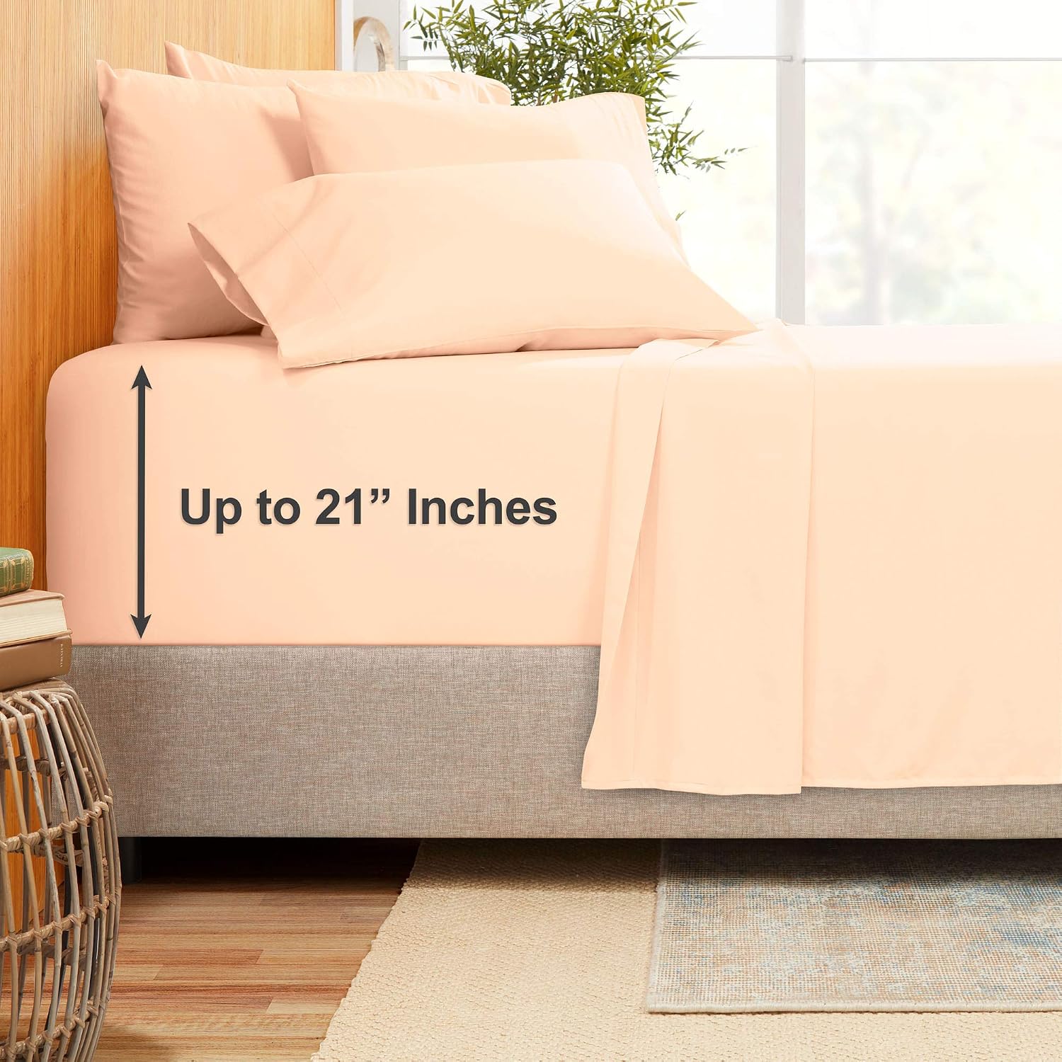 Extra Deep Pocket Sheets - Bamboo Blend 7-Piece 21” Bed Sheet Set – Bamboo and Microfiber Blend – Extra Deep Bed Sheet – Ultra Deep Sheets For Deep Pockets Mattress Split King Size - Pale Blush (Pink)