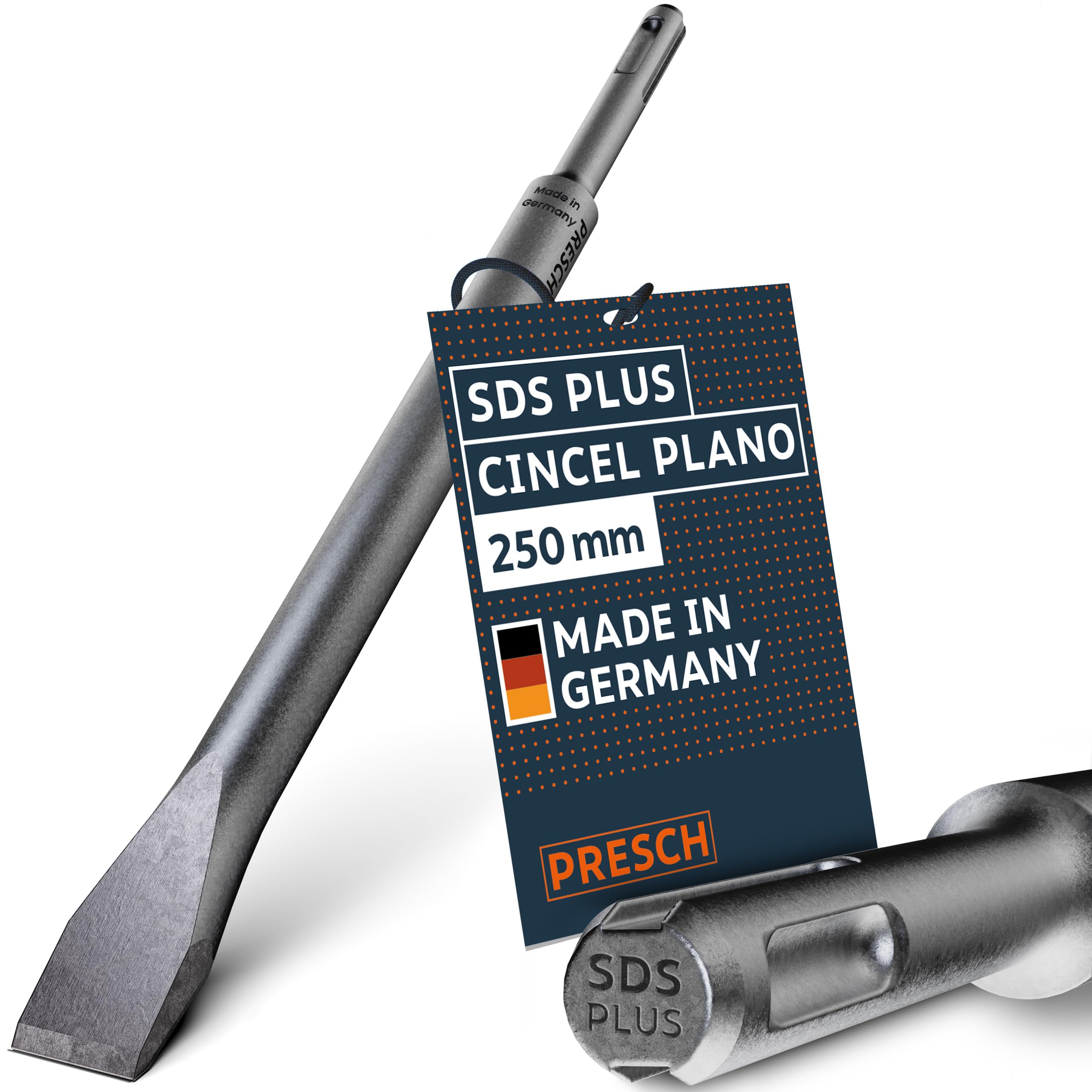 PRESCH SDS plus Cincel Plano - Extremadamente robusto, duradero, con 20mm de anchura de corte - Para todos los trabajos de demolición (longitud 250mm) - Acero de alto rendimiento para golpes potentes