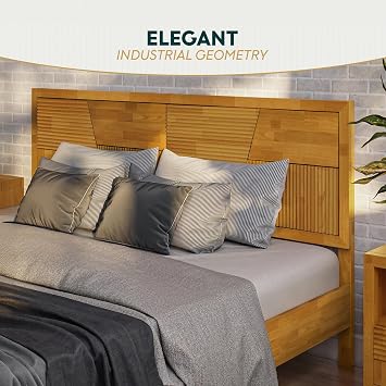 Bme Trapeze King Bed Frame Modern Solid Wood Bed with Smooth Pattern Headboard, Black Metal Legs, Teak Brown Finish Durable King Size Platform Bed for Contemporary Bedrooms