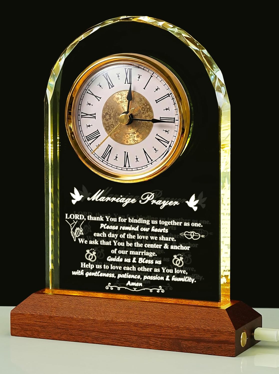 Wedding Gifts for Newlyweds Couples — Elegant Glass Desk Clock with Wooden Light Base, Marriage Gift for Bride & Groom, Mr and Mrs Keepsake, Engagement & Bridal Shower Gifts, Gift Box & Card