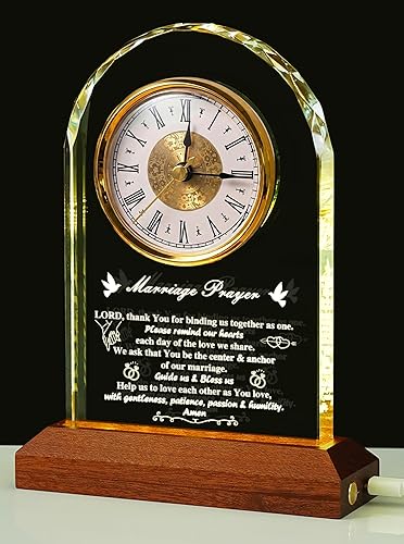 Regalos de boda para parejas de recién casados: elegante reloj de escritorio de cristal con base de luz de madera, regalo de matrimonio para novia
