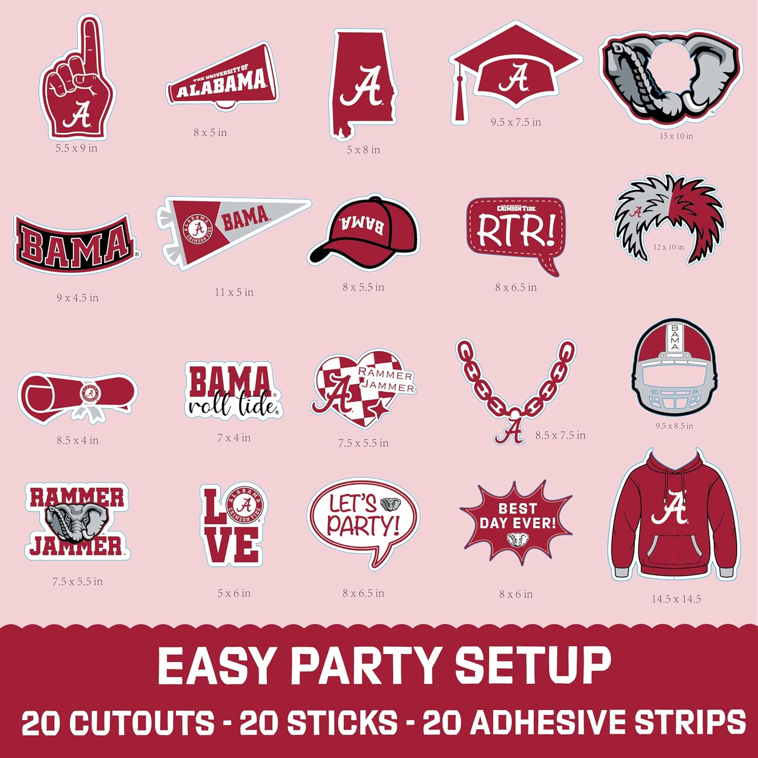 Alabama Party Photo Prop Kit 20 Piece Set for Bama Graduation, Birthdays, Football Game Day Party Supplies Roll Tide (Alabama Crimson Tide)