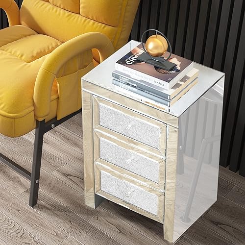 Miniatura 3 de Mesita de noche con espejo, mesitas de noche de cristal plateado con 3 cajones, mesas auxiliares de cama pequeñas, mesa auxiliar con espejo, mesa de