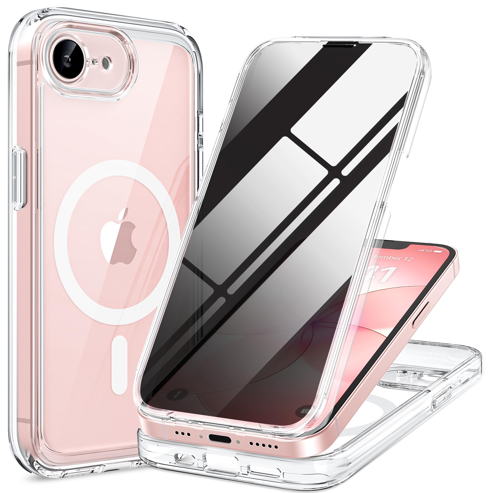 Miracase for iPhone 17e &amp; 16e Case with Built-in Private Screen Protector, [Magnetic with MagSafe] Full-Body Phone Cover Military Drop Proof 17 E/ 16 E Bumper 6.1 inch, Clear