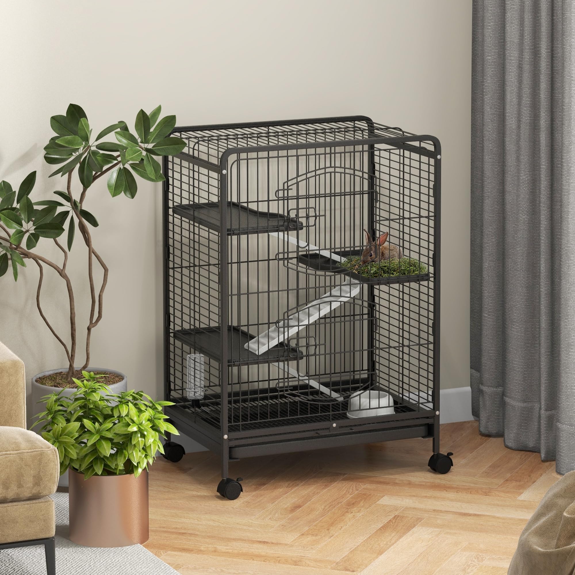 Gabbia per Criceti con Ruote Ciotola e Bottiglia 64x43.5x93cm Nero
