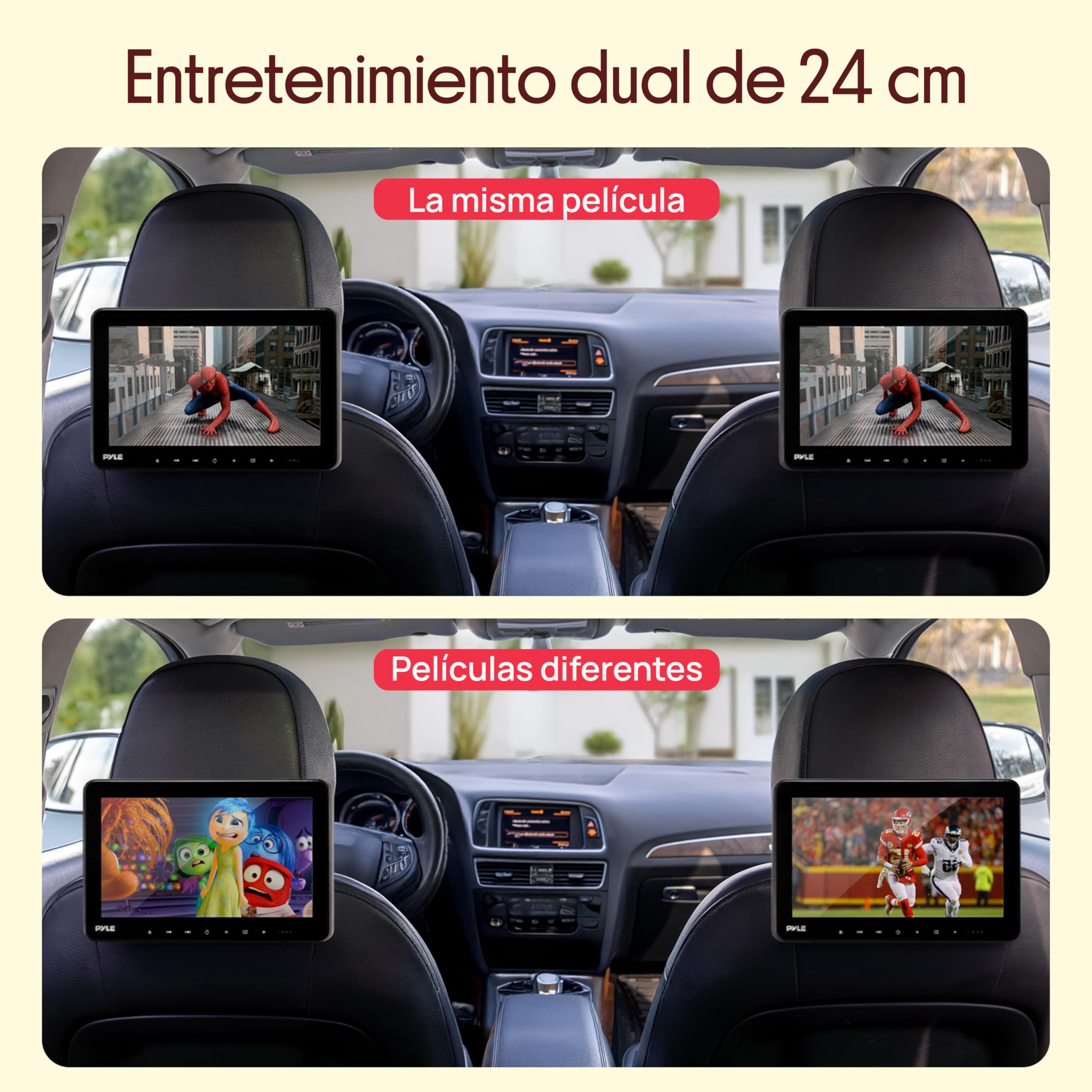 Pyle Monitores Universales para Reposacabezas de Coche 24cm, Reproductores de DVD, Transmisores IR y FM, Auriculares Inalámbricos