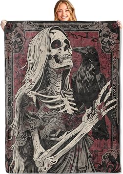 Gothic Skull Throw Blanket,50x60in,Soft,Lightweight Flannel,Skeleton and Raven Vintage Dark Blankets - Gifts for Adult,for Couch Office Travel,Home Living Room Halloween Goth Decor