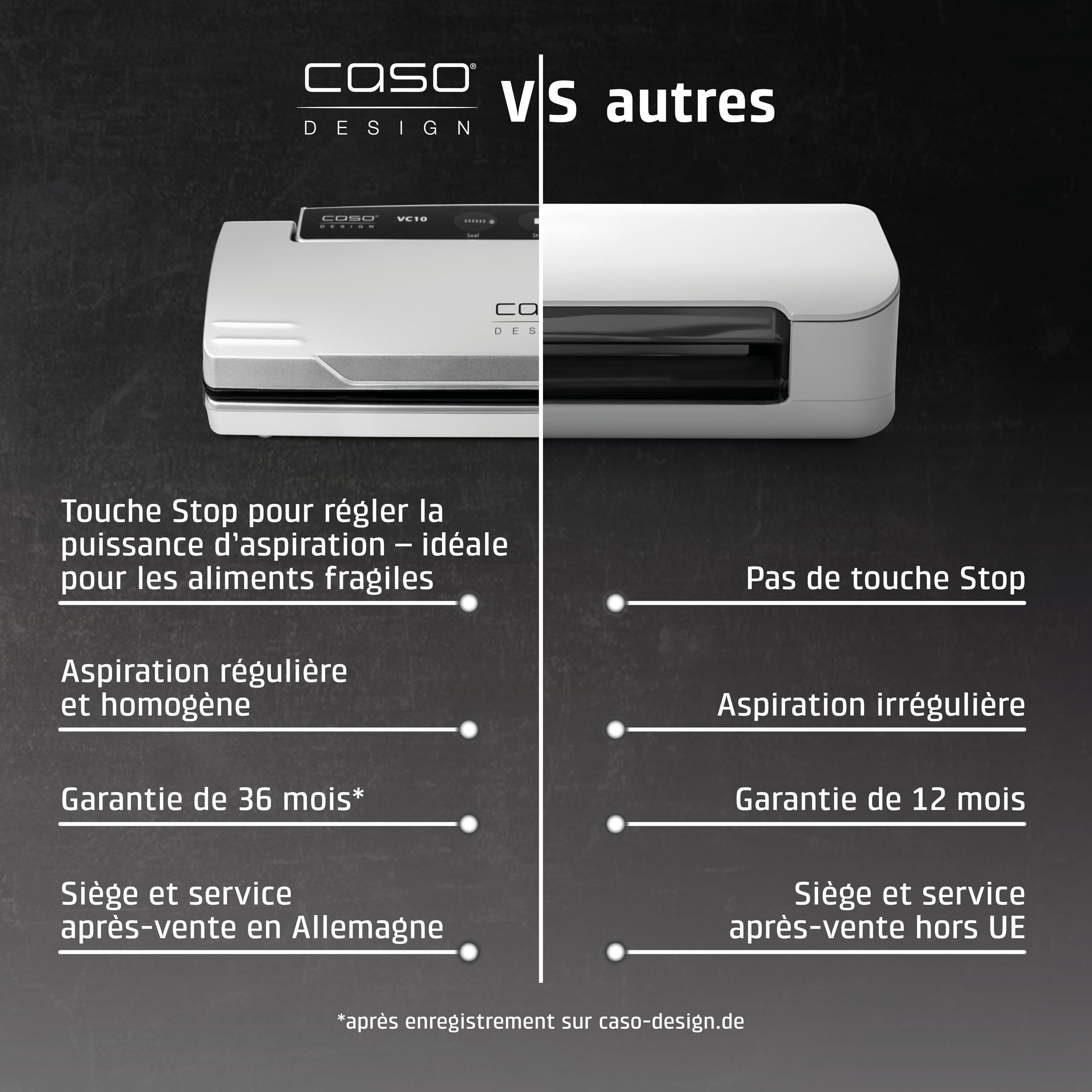 CASO VC 10 - Machine sous vide alimentaire, barre de soudure 30 cm, conserve les aliments jusqu’à 8 fois plus longtemps – coloris argenté