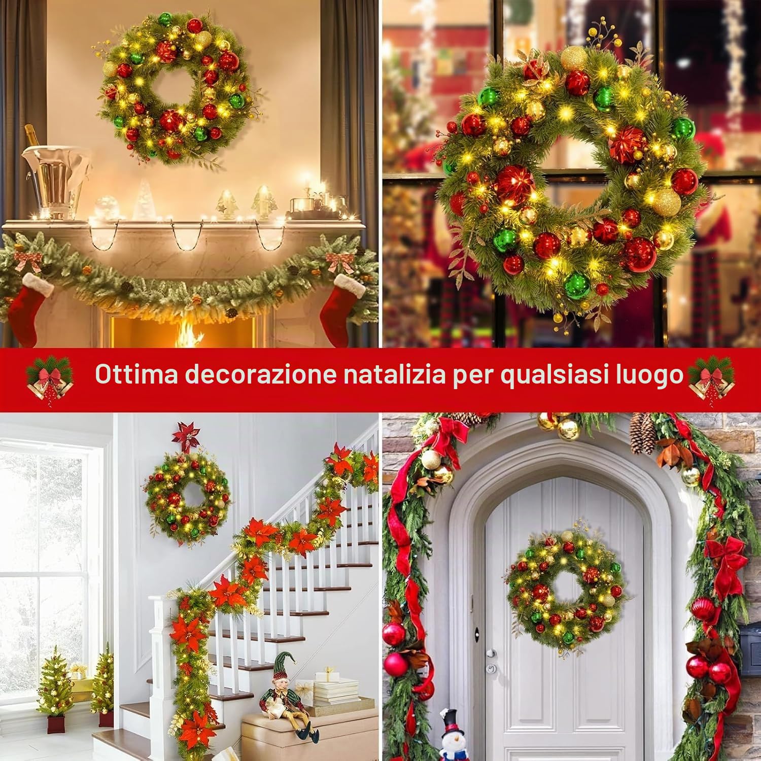 Avoalre 40cm Ghirlanda Natalizia con Luci LED Ghirlanda Natale a Batteria con Timer 8 Modalità Ghirlanda Natalizia per Porta Scale Camino Murale Finestre Interno Esterno Natale Decorazione