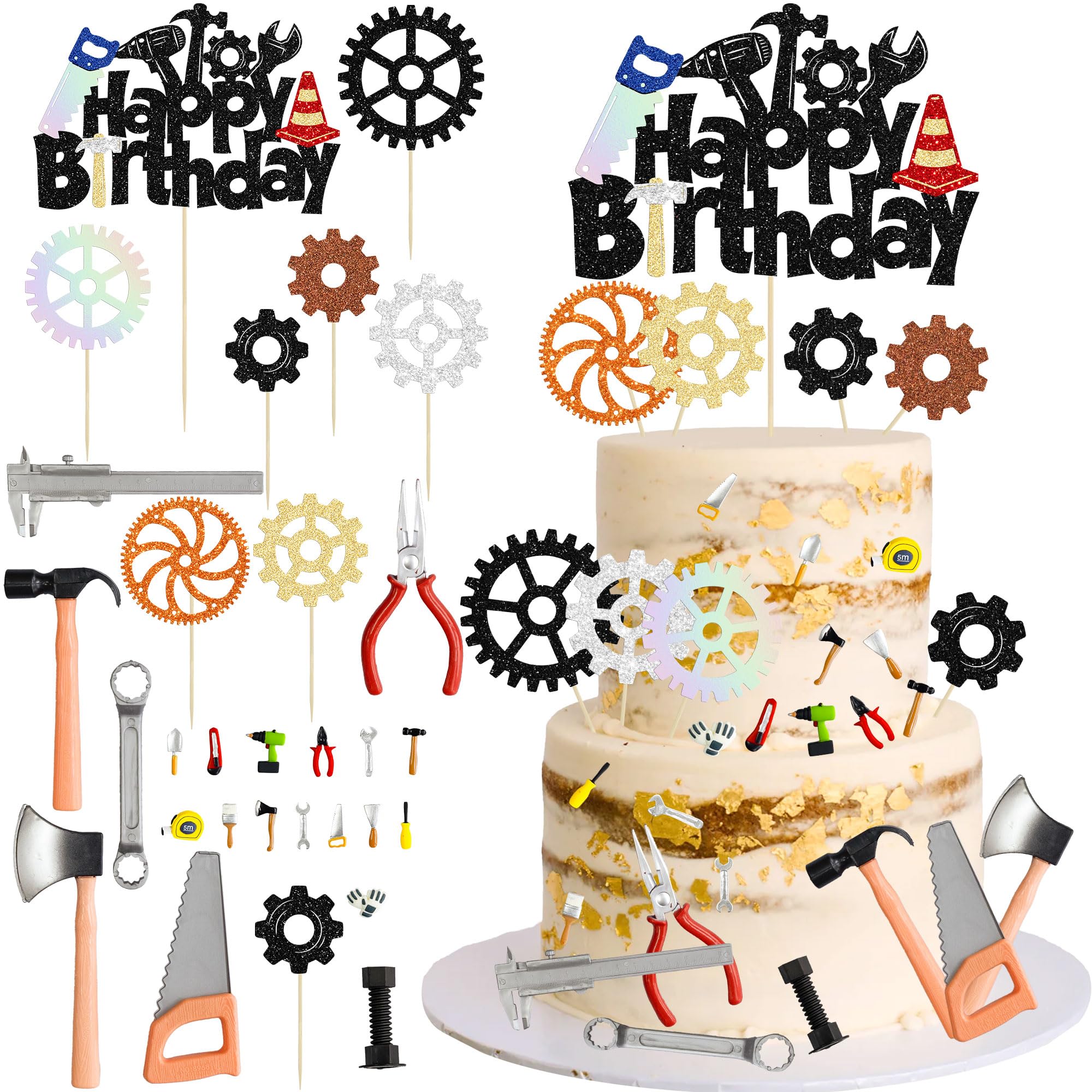 Ephlyn 22 Pack Tools Happy Birthday Cake Topper Wrench Hammer Drill Plier Handsaw Tape Measure Screwdrivers Themed Happy Birthday Party Cake Decorations Supplies Multicolor