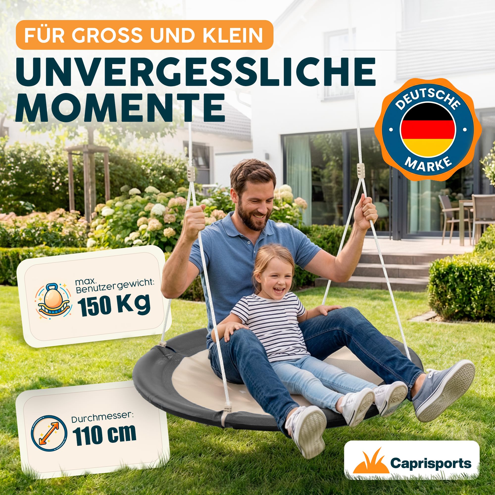 Nestschaukel Outdoor - [inkl. Abdeckhaube] - TÜV/GS geprüft - Höhenverstellbare Schaukel Outdoor und Indoor für Kinder und Erwachsene - bis 150 kg - Netzschaukel oder Korbschaukel