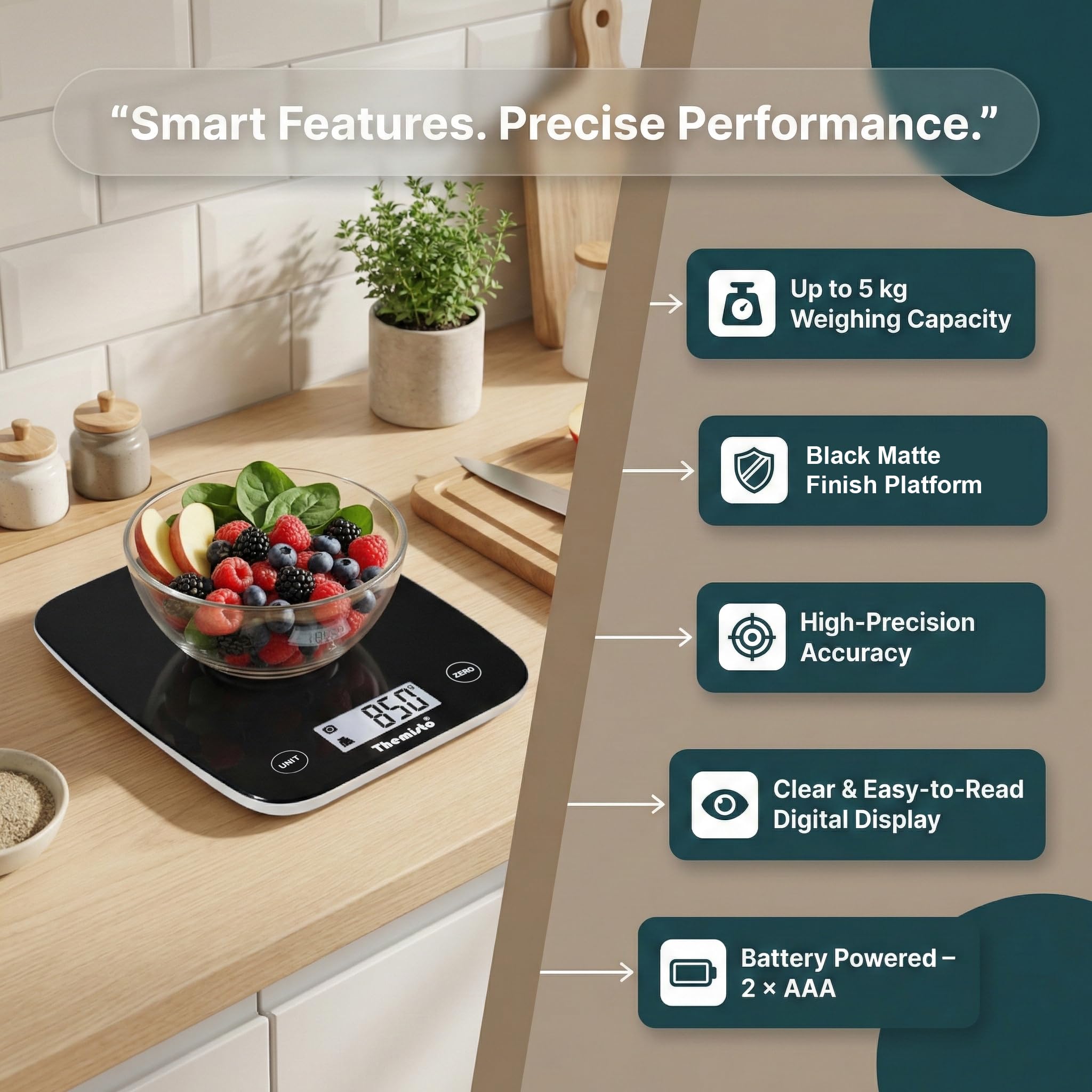 Themisto Digital Kitchen Scale - Touch Screen & 5kg Max -3