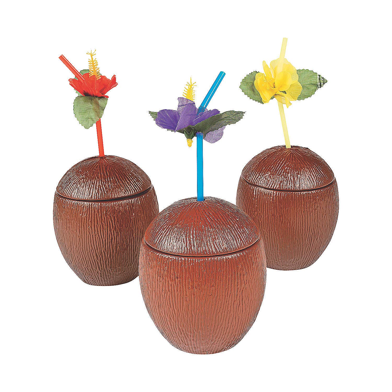 Fun Express Coconut Cups with lids, Set of 12 Plastic Party Cups, Each holds 16 oz - Luau, Beach, Pool and Tiki Party Supplies
