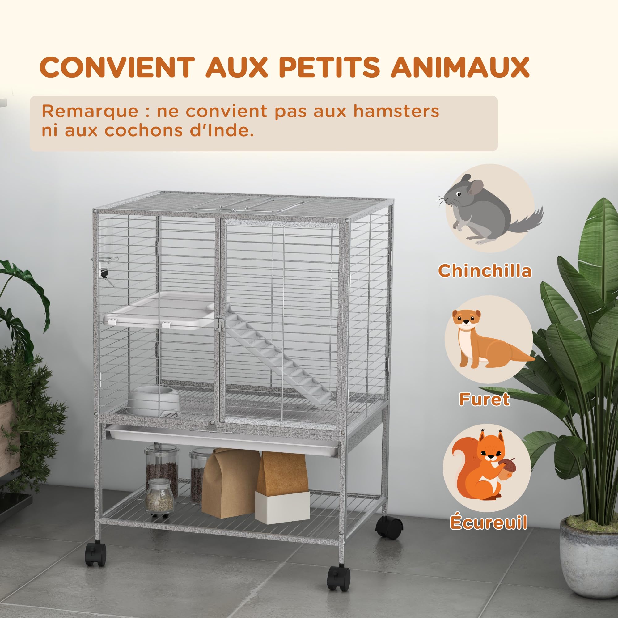 PawHut - Jaula para animales pequeños, Jaulas para hurones, con ruedas de 2 niveles con 2 puertas, 1 rampa y 1 estante de almacenamiento, cuenco, botella, 61,5 x 44,5 x 86 cm, color gris