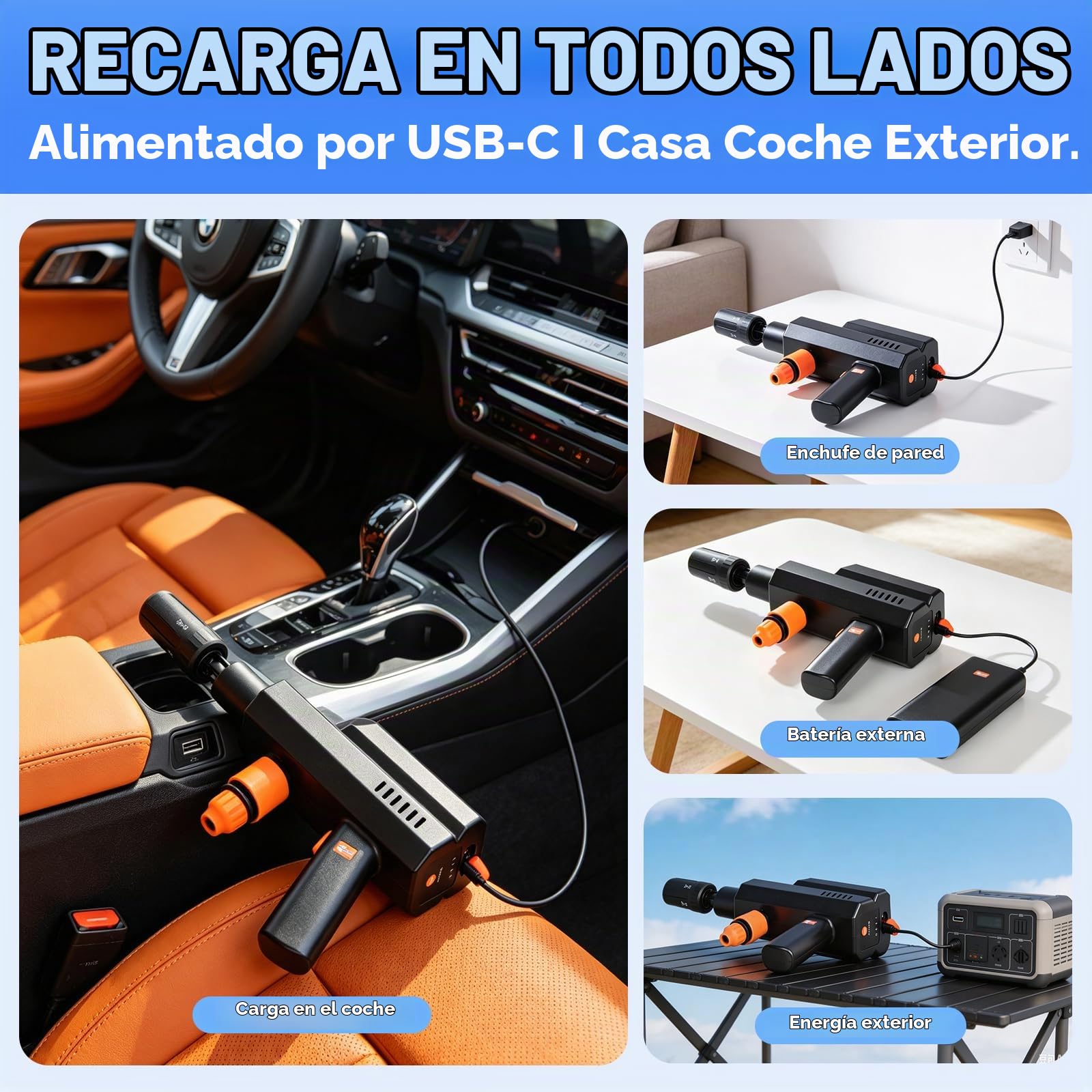 Hidrolimpiadora Inalámbrica 12000mAh, 4 Niveles, Carga USB-C y 12V | Limpiadora a Presión Portátil, Boquilla 5 en 1, Manguera 5 m, Depósito de Espuma para Coche, Bicicleta y Jardín
