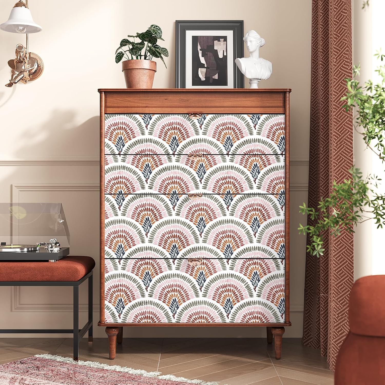 VEELIKE Seigaiha Wave Wallpaper Boho Geometric Peel and Stick Wallpaper for Bedroom Nursery 17.7''x118'' Self Adhesive Abstract Art Deco Wall Paper Removable Geometric Contact Paper for Cabinets