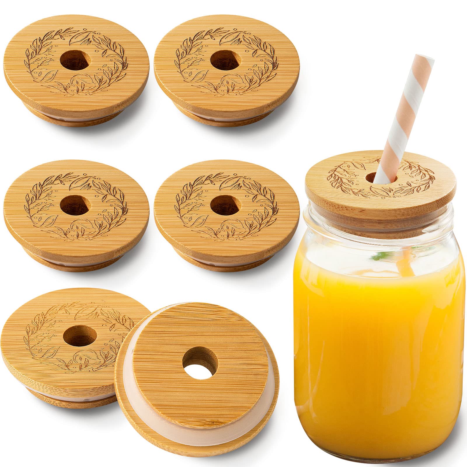 6 Pack Mason Jar Lids With Straw Hole,Suitable Bamboo Lids For Beer Can Glass Or Coffee Drink Cup,86MM