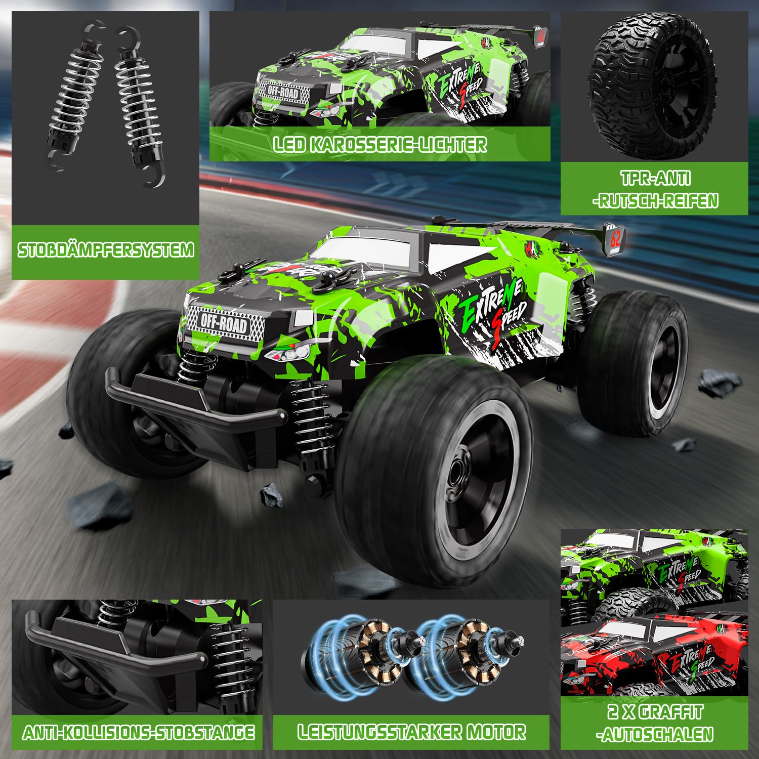 Monstertruck zdalnie sterowany, 1:18, samochód od 3 lat, 25 km/h, zdalnie sterowany monster truck ze światłem karoserii/dwie obudowy, 2,4 GHz Monster Truck zdalnie sterowany od 4, 6, 8 lat, dla dzieci