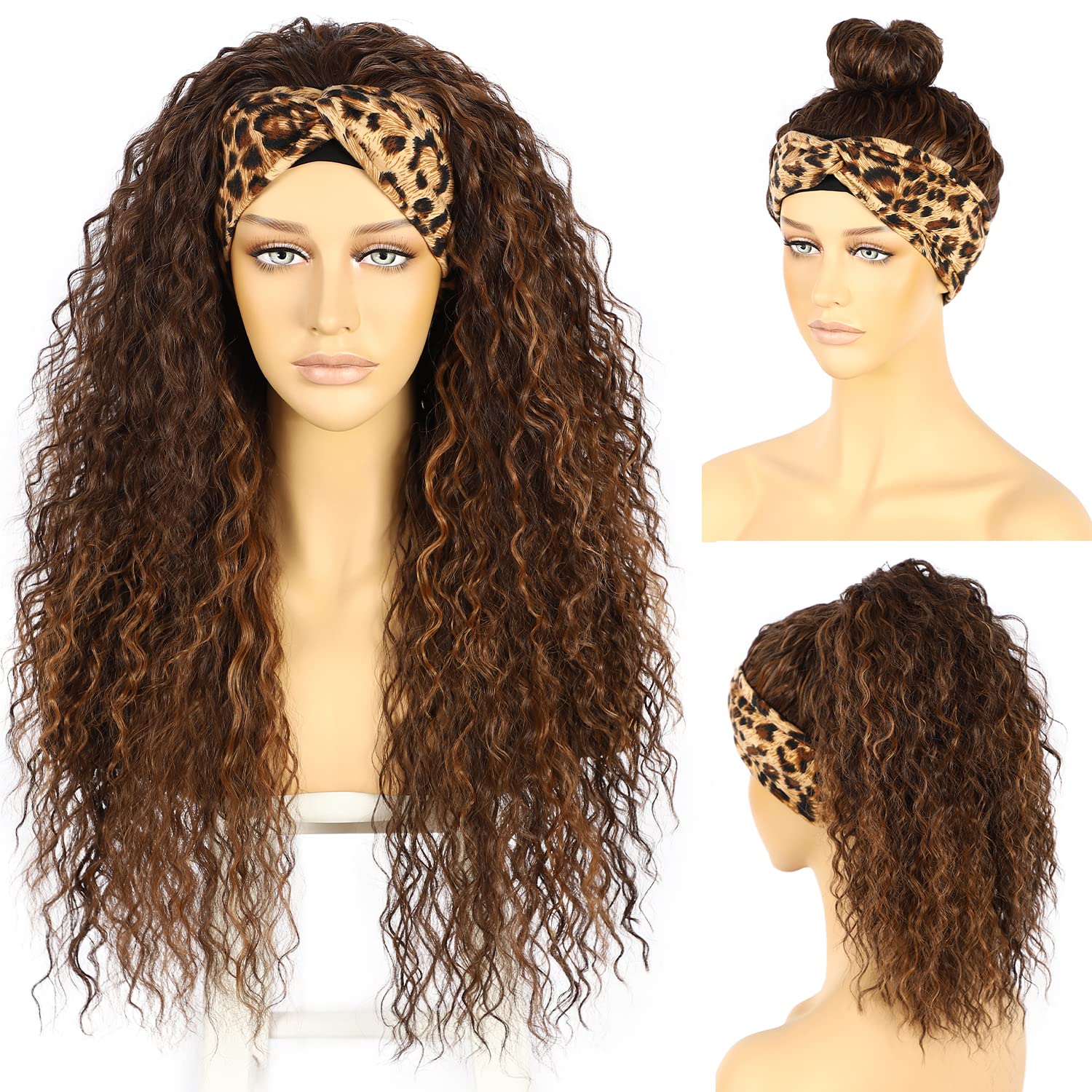 SOMIARIK Curly Headband Wig For Black Women Natural Brown Hightlight Headbands Wigs Brown Curly Headband Wig Machine Made Wigs 150% Density 26 Inch