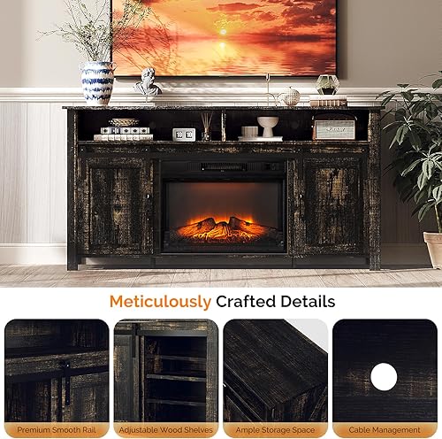 Miniatura 3 de VINGLI Soporte de TV con chimenea con puerta corrediza de granero para TV de 70 pulgadas, centro de entretenimiento de granja con chimenea de 23