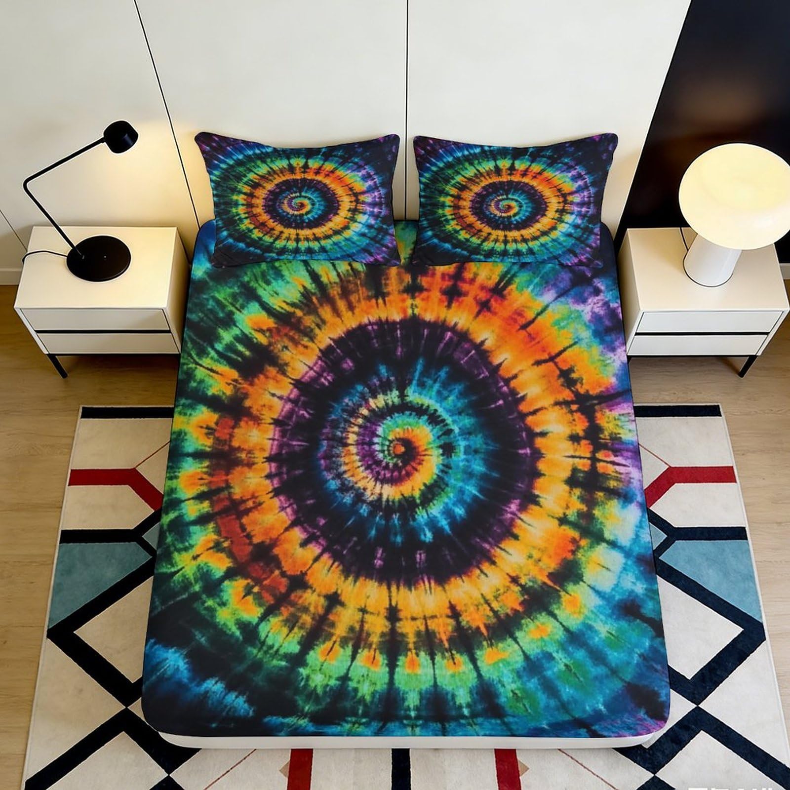 3D Printed Tie Dye Spiral Fitted Sheet Microfiber Soft Vibrant Rainbow Swirl Mattress Cover for Bedroom Dorm Decor 90x200x25cm