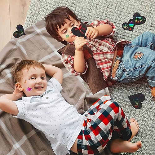 Miniatura 3 de 28 piezas de adornos de papel para rascar en forma de corazón, arco iris, manualidades, con 28 lápices de madera, 28 cintas y 2 calcomanías