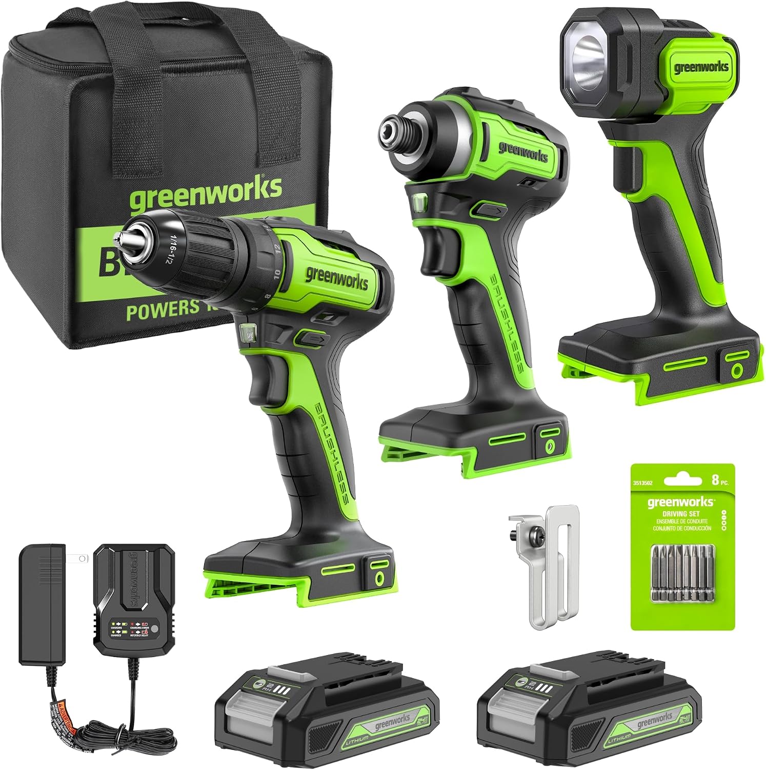 Greenworks 24V Brushless 3 pcs Cordless Power Tool Combo Kit, Include 310 in./lbs Drill, 1950 in./lbs Impact Driver, Flashlight, 2 x 2Ah Batteries and Charger