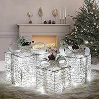 Vista 1 de Juego de 3 cajas de regalo iluminadas de Navidad, cajas de regalo preiluminadas con 60 LED, cajas de regalo plateadas con luces blancas