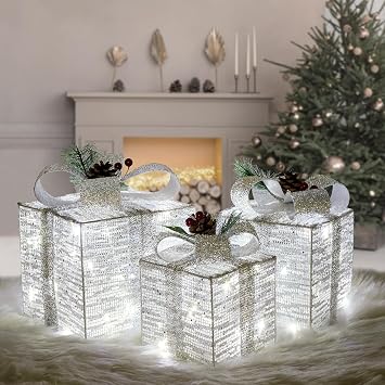Set of 3 Silver Lighted Boxes, White Indoor Christmas Decor | 60 LEDs, Battery Operated, Garden, Porch, Room Decor & Tree Skirt Ornaments, Holiday Display