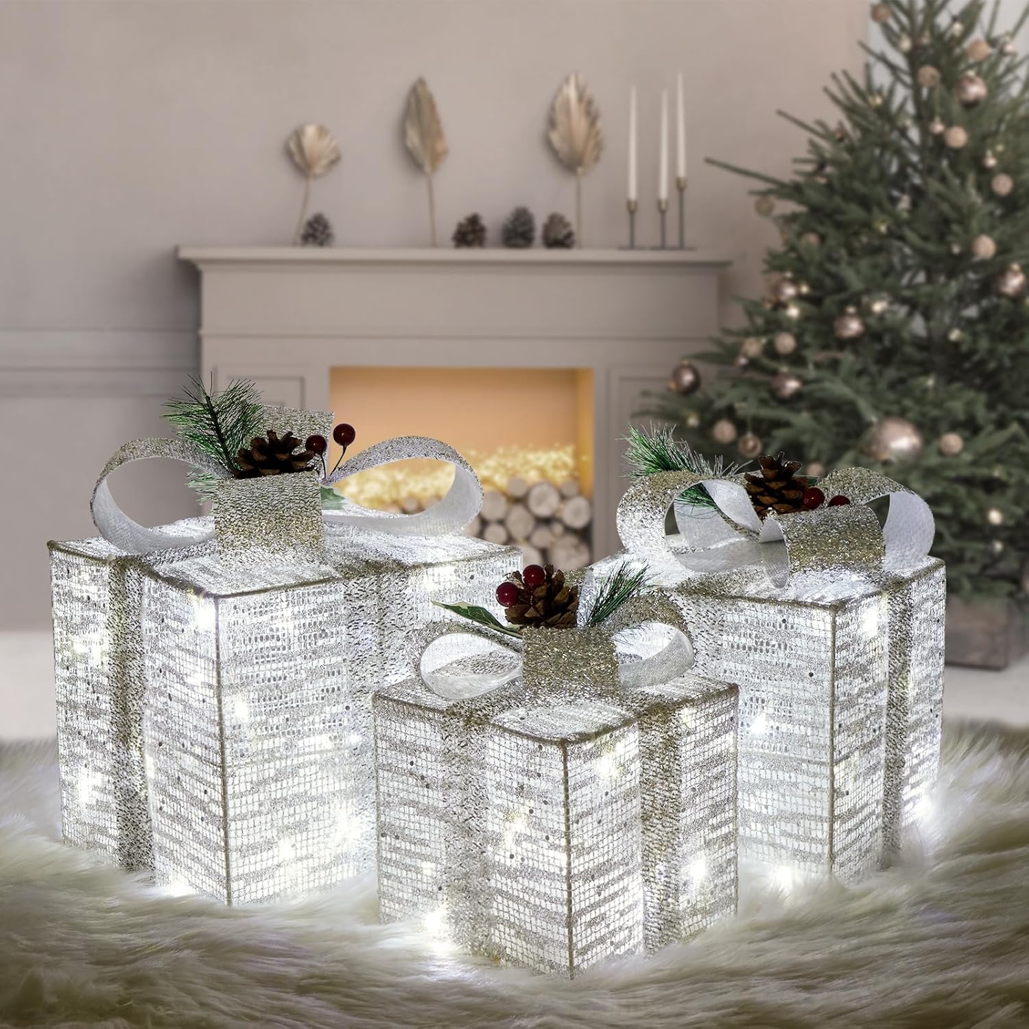 Lot de 3 boîtes cadeaux de Noël lumineuses pré-éclairées à 60 DEL avec lumières blanches, décorations de Noël à piles pour intérieur, maison, fête, décoration de pelouse