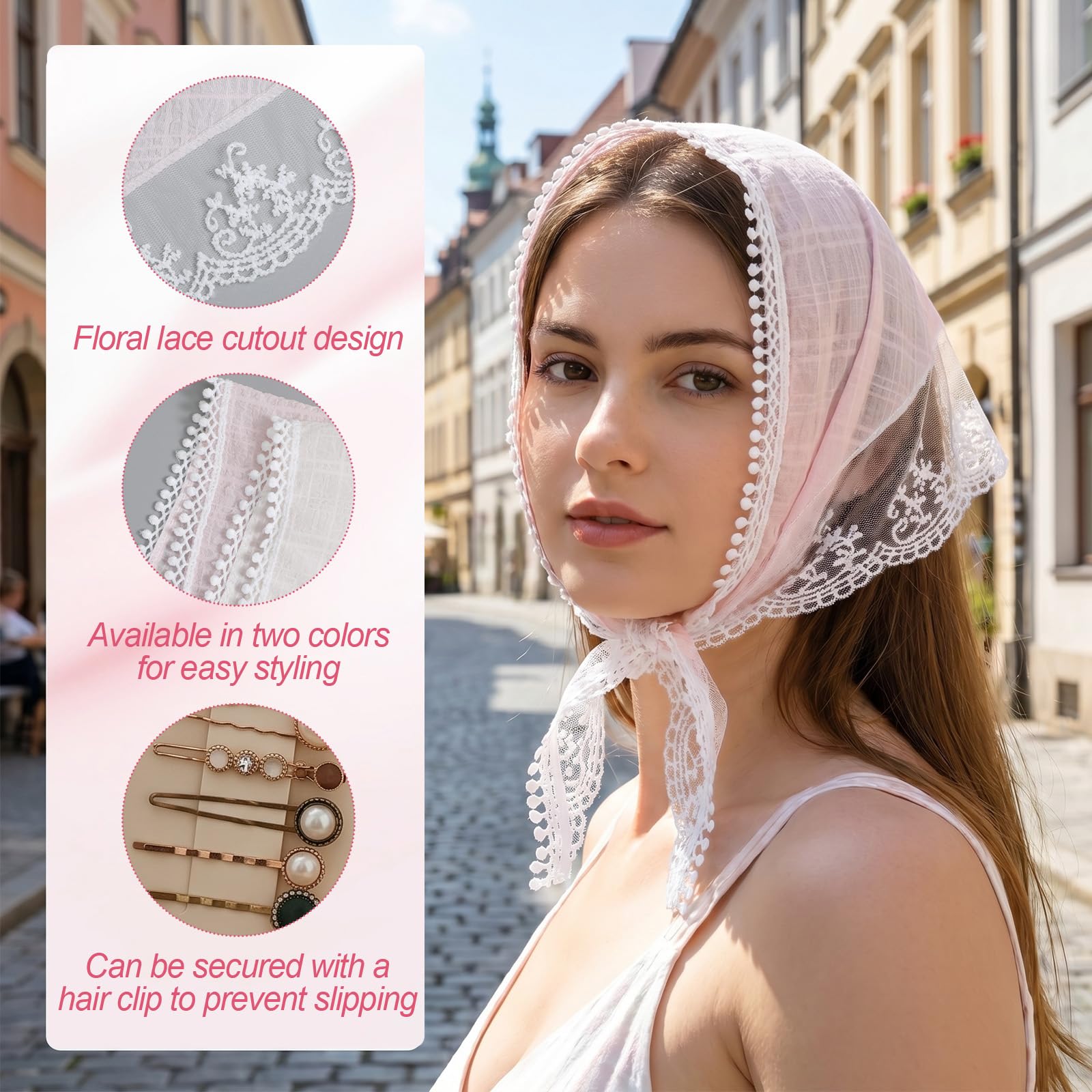 2er-Pack Spitzen-Bandanas, Kopftuch für Damen, süßes, stylisches Dreiecks-Kopftuch, weißes Haarband für Hochzeiten, Braut-Accessoires fur Frühling und Sommer (Weiß/Rosa)