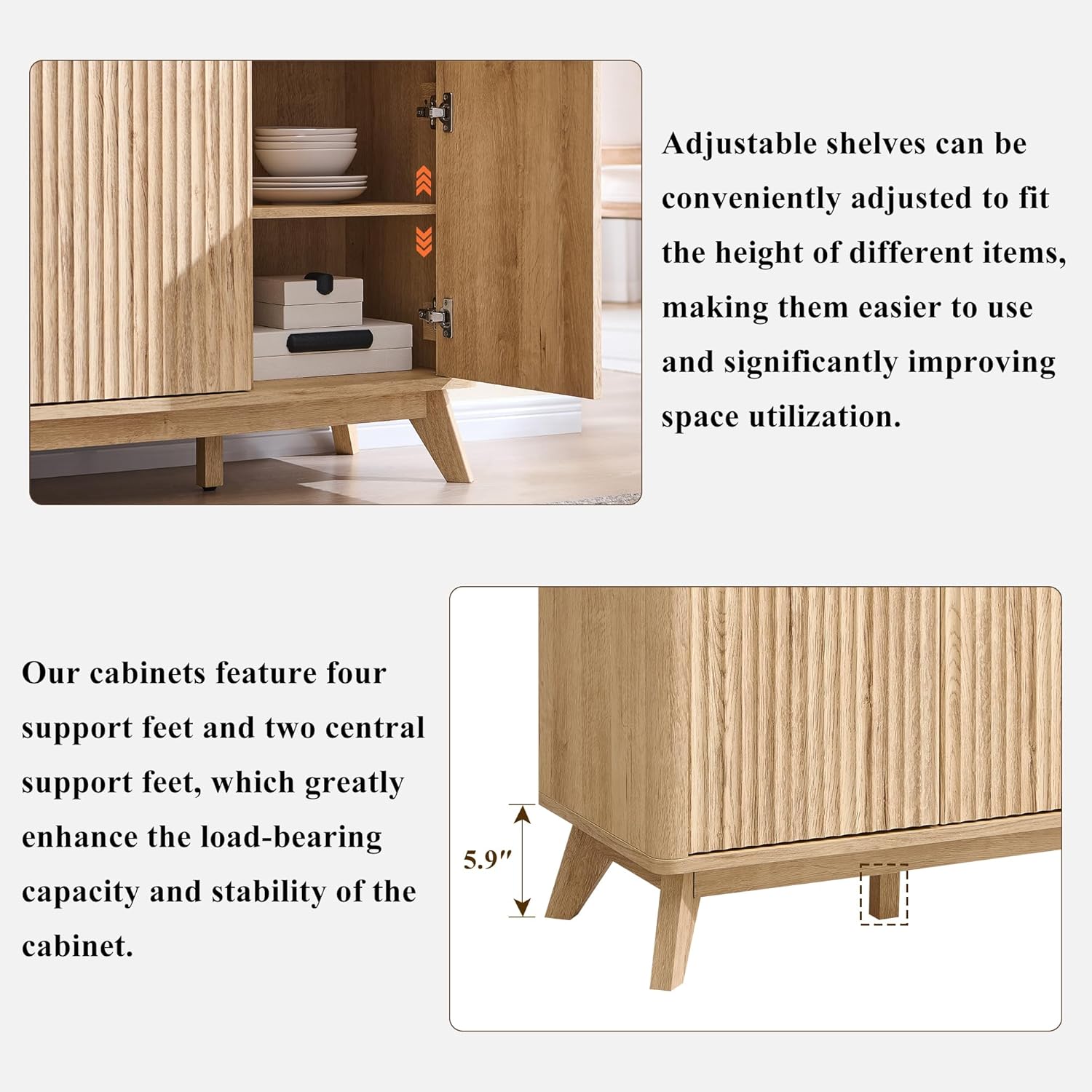 OKD Fluted Storage Cabinet with Drawers, 60" Morden Buffet Sideboard Coffee Bar Cabinet with 4 Doors and 3 Drawers for Dining Room, Living Room,Hallway (Natural Oak)