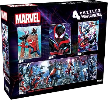Buffalo Games - Marvel - 4 x 1 Multipack -Spider-Verse | Multiple Game Nights, Full Color Poster, Mixed 500 & 3x300 Piece Counts, Precision-Cut Pieces, For Adults