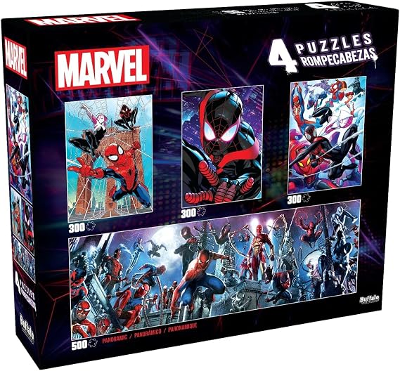 Buffalo Games - Marvel - 4 x 1 Multipack -Spider-Verse | Multiple Game Nights, Full Color Poster, Mixed 500 & 3x300 Piece Counts, Precision-Cut Pieces, For Adults