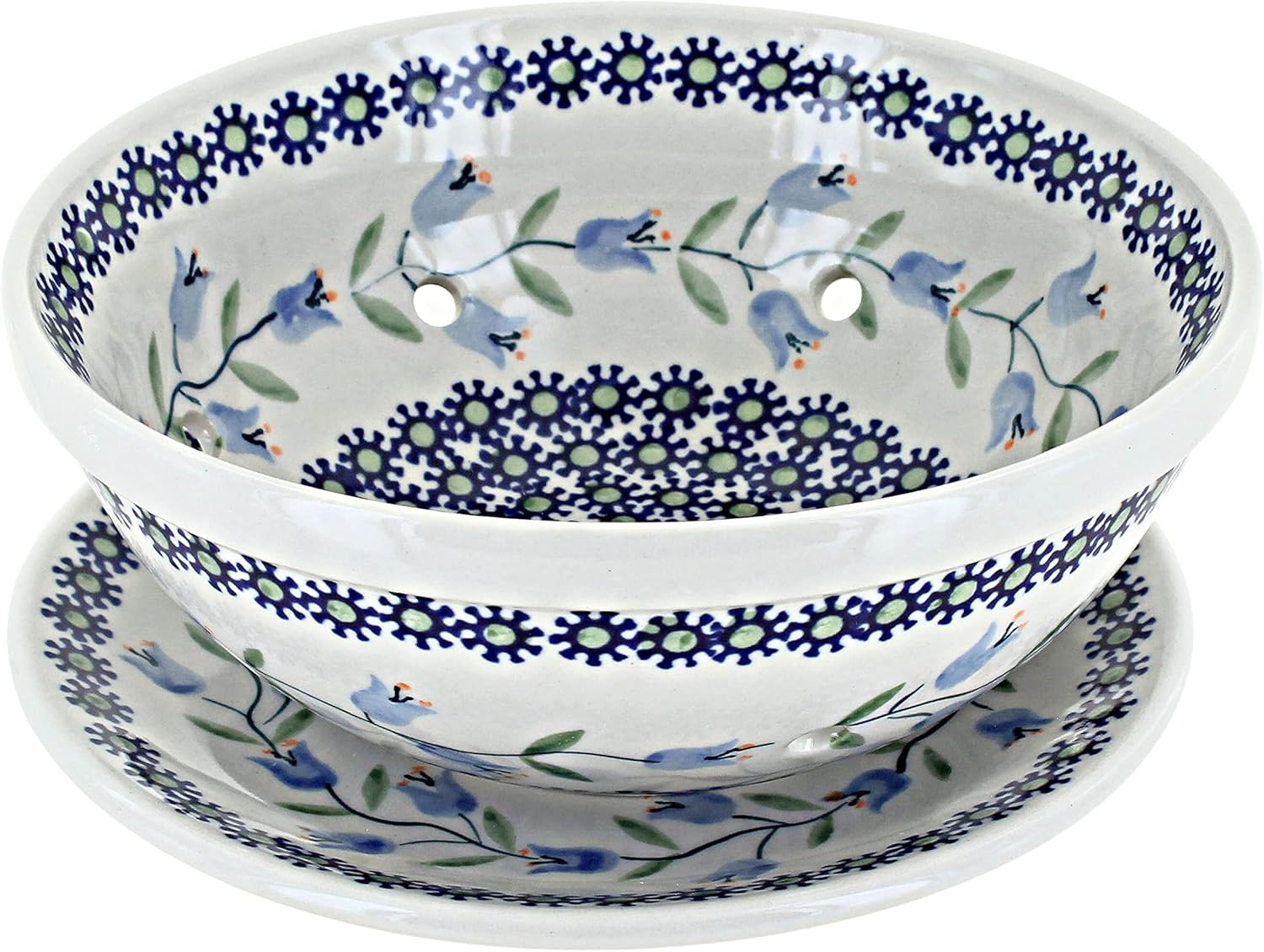Blue Rose Polish Pottery - Blue Tulip Berry Bowl With Plate - 6.5" Diameter - Ceramic Berry Bowl with Drain Holes, Perfect for Rinsing & Serving Fruit