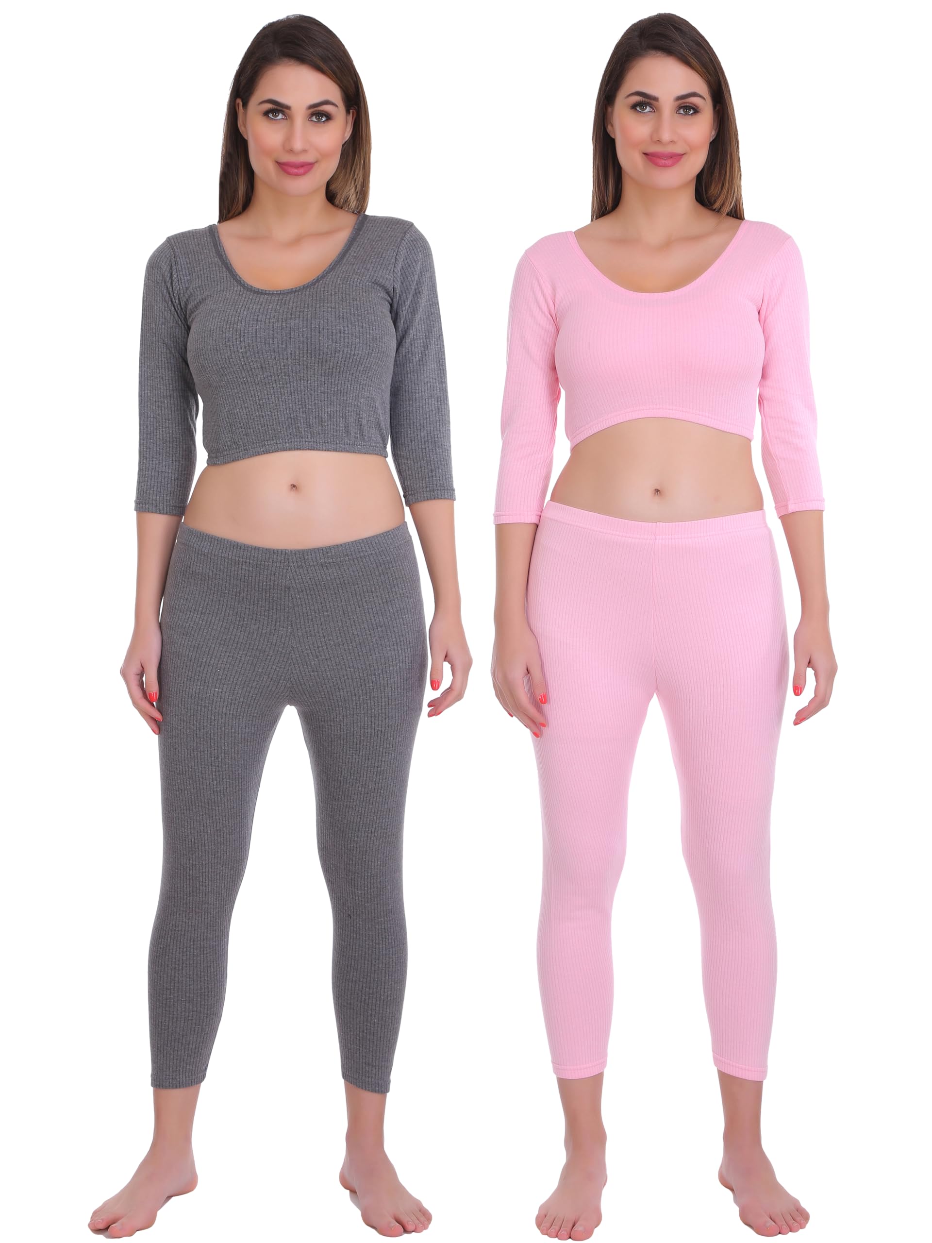 selfcare Pack of 2 Womens Polycotton Solid 3/4 Sleeve Thermal Crop Top and Pyjama Sets-picture-18